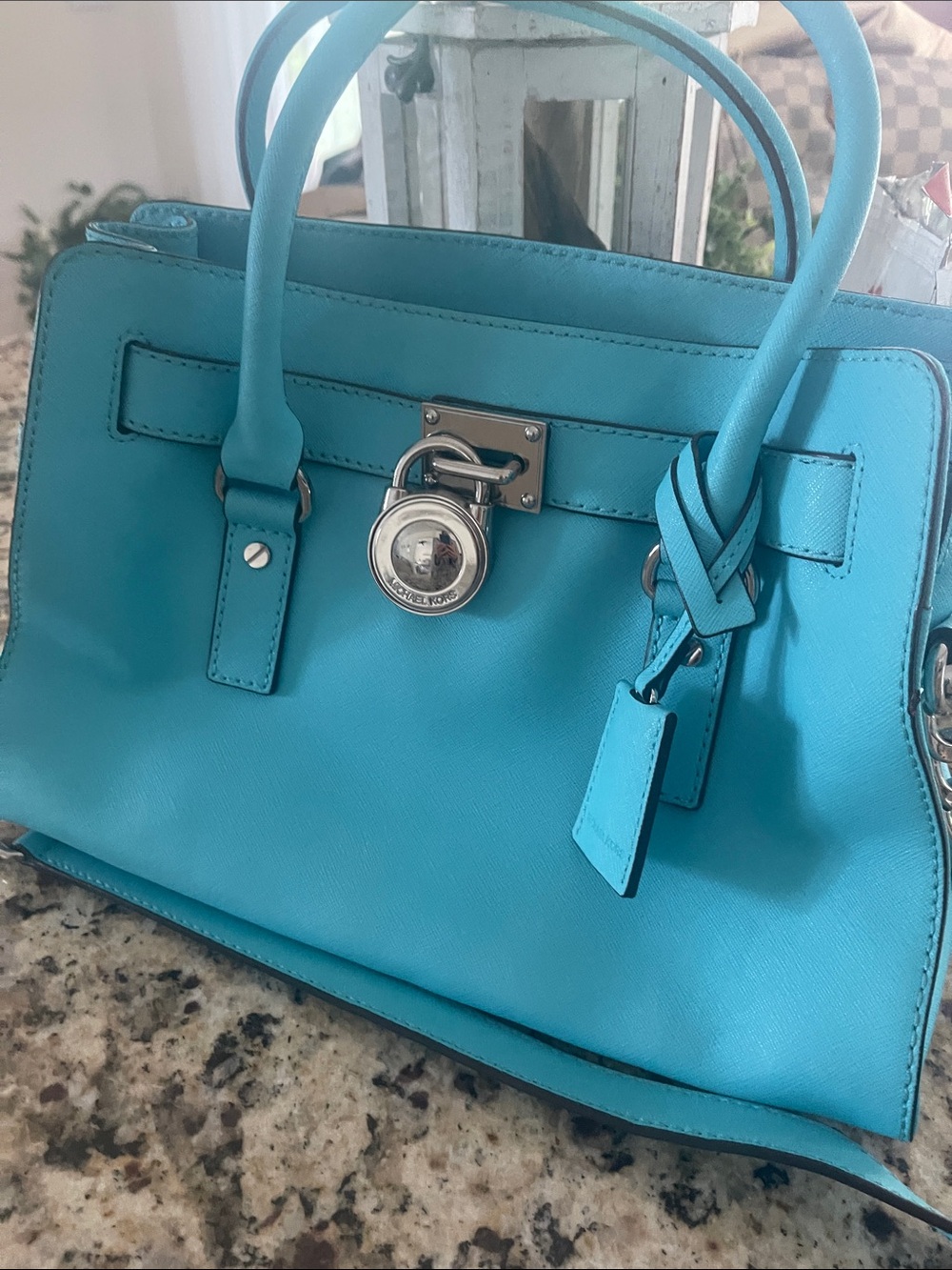 Michael Kors Bright Turquoise Saffiano Satchel with Padlock
